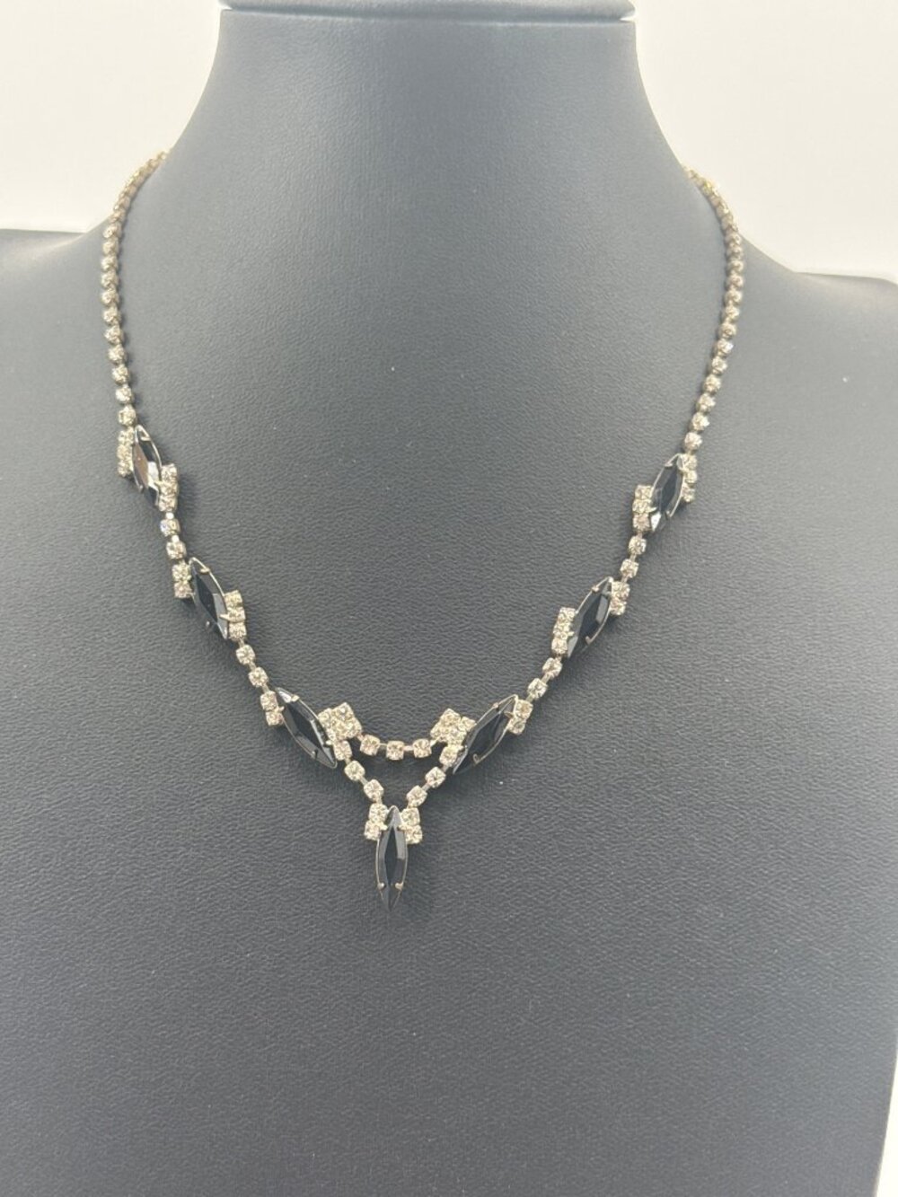 Vintage Y-Drop Black Rhinestone Tennis Necklace Retro Goth Formal Prom Choker